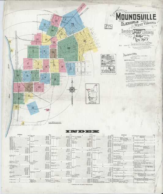 Sanborn Fire Insurance Map from Moundsville, Marshall County, West Virginia (1923), Sheet #0001 - Historic Sanborn Fire Insurance Map Print, vintage old map wall art, antique decor, genealogy gift, West Virginia West Virginia map
