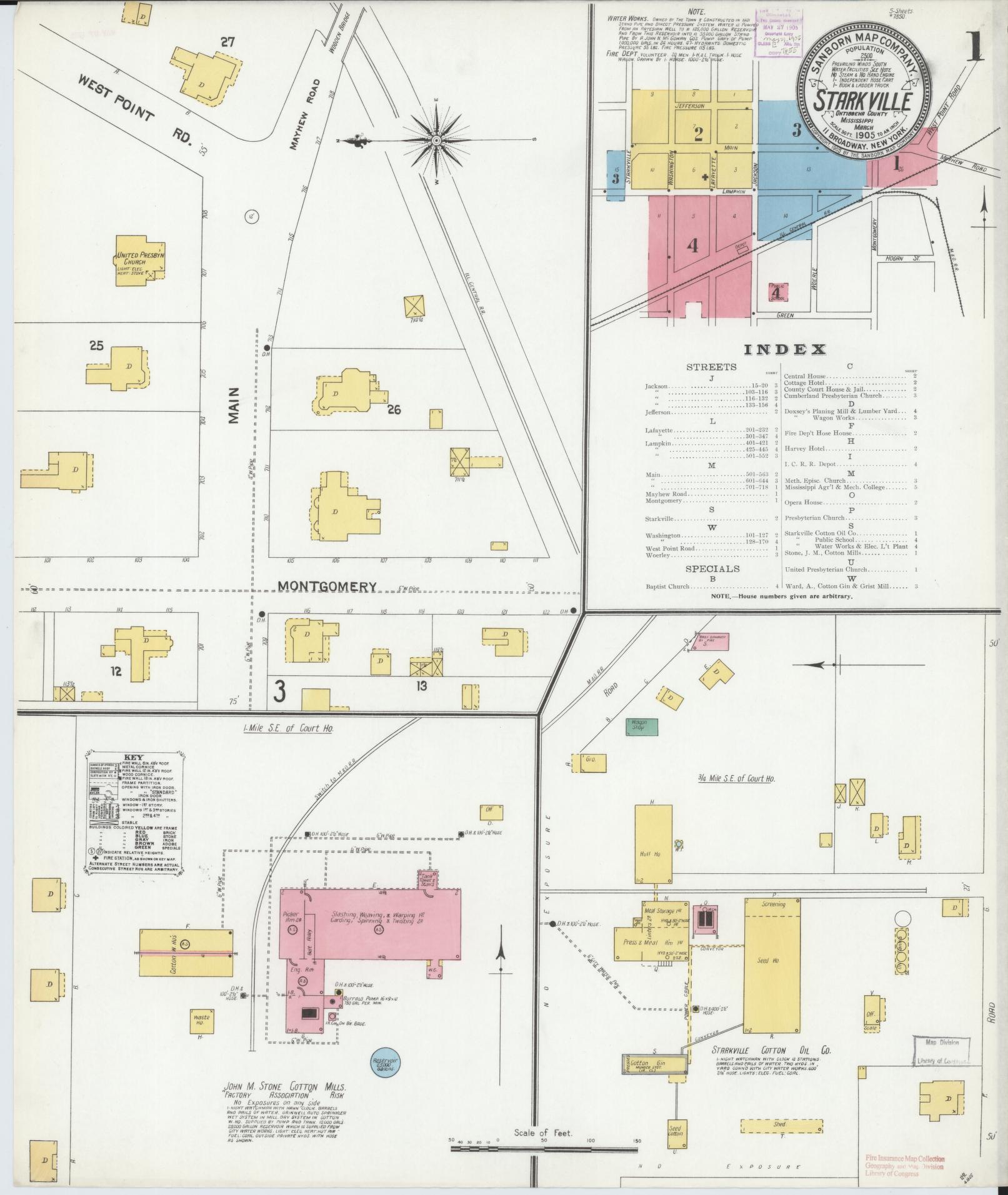 Sanborn Fire Insurance Map from Starkville, Oktibbeha County, Mississippi (1905), Sheet #0001 - Complete Map Set gallery image, historic Sanborn map, vintage wall art, Mississippi Mississippi