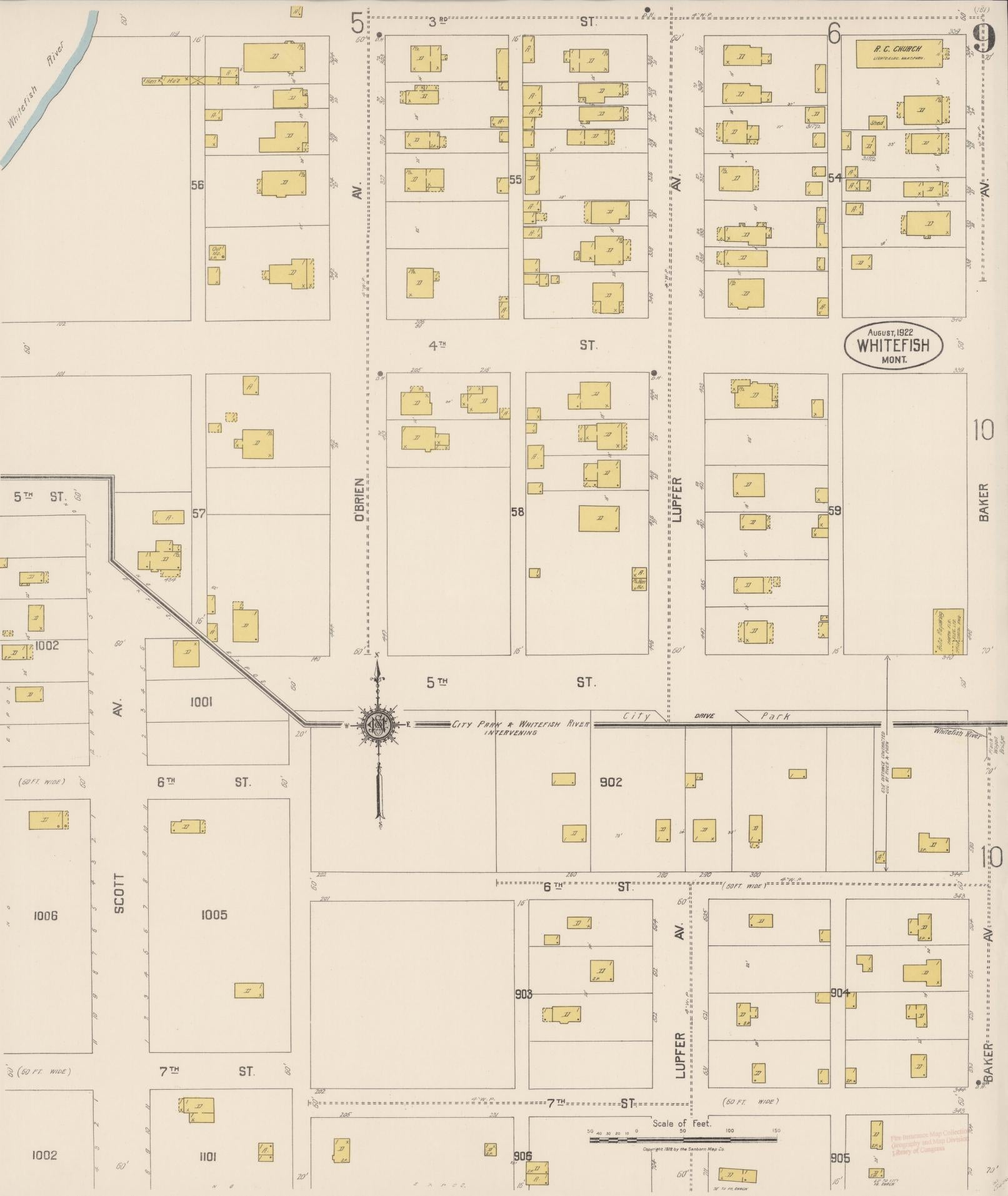 Sanborn Fire Insurance Map from Whitefish, Flathead County, Montana (1922), Sheet #0009 - Historic Sanborn Fire Insurance Map Print, vintage old map wall art, antique decor, genealogy gift, Montana Montana map