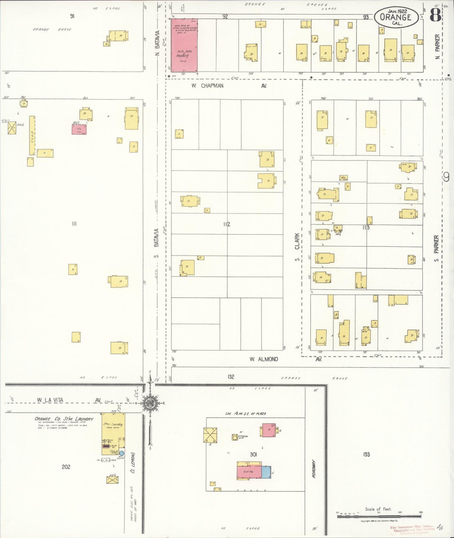 Sanborn Fire Insurance Map from Orange, Orange County, California (1922), Sheet #0008 - Complete Map Set gallery image, historic Sanborn map, vintage wall art, California California