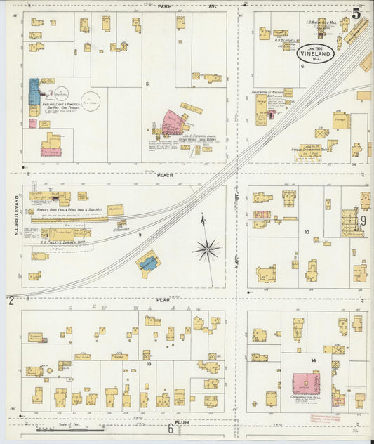 Sanborn Fire Insurance Map from Vineland, Cumberland County, New Jersey (1906), Sheet #0005 - Historic Sanborn Fire Insurance Map Print, vintage old map wall art, antique decor, genealogy gift, New Jersey New Jersey map
