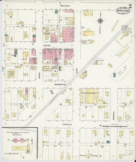 Sanborn Fire Insurance Map from Ashland, Cass County, Illinois (1909), Sheet #0002 - Historic Sanborn Fire Insurance Map Print, vintage old map wall art, antique decor, genealogy gift, Illinois Illinois map