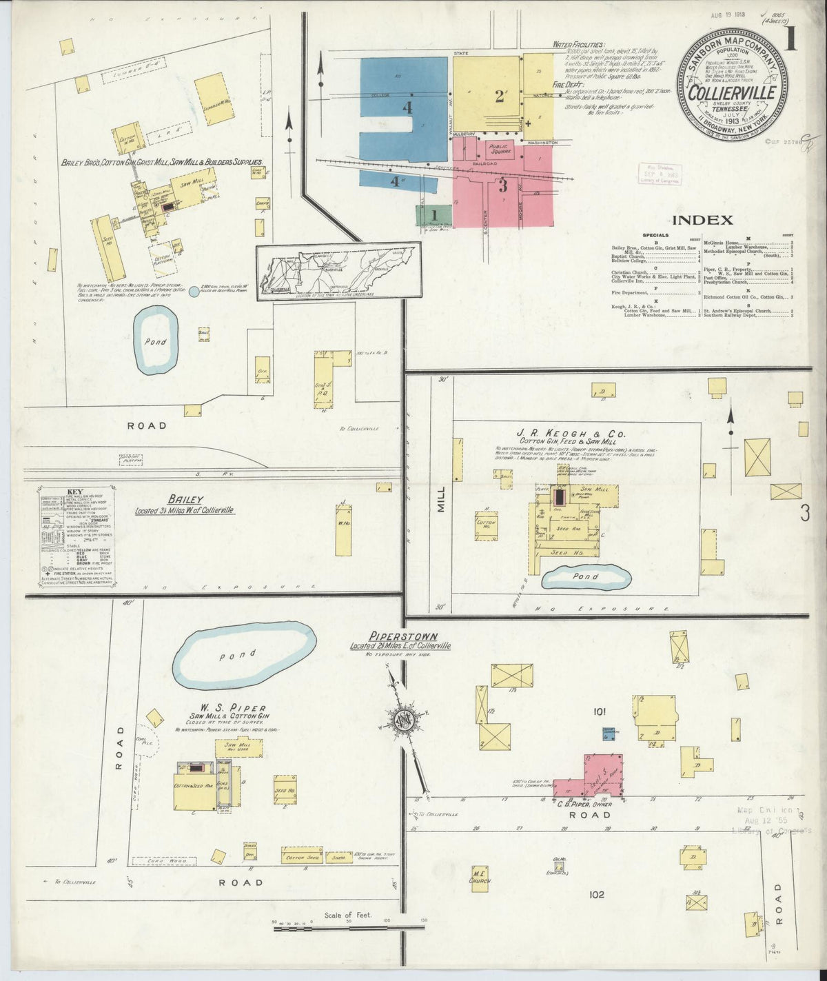 Sanborn Fire Insurance Map from Collierville, Shelby County, Tennessee (1913), Sheet #0001 - Complete Map Set gallery image, historic Sanborn map, vintage wall art, Tennessee Tennessee