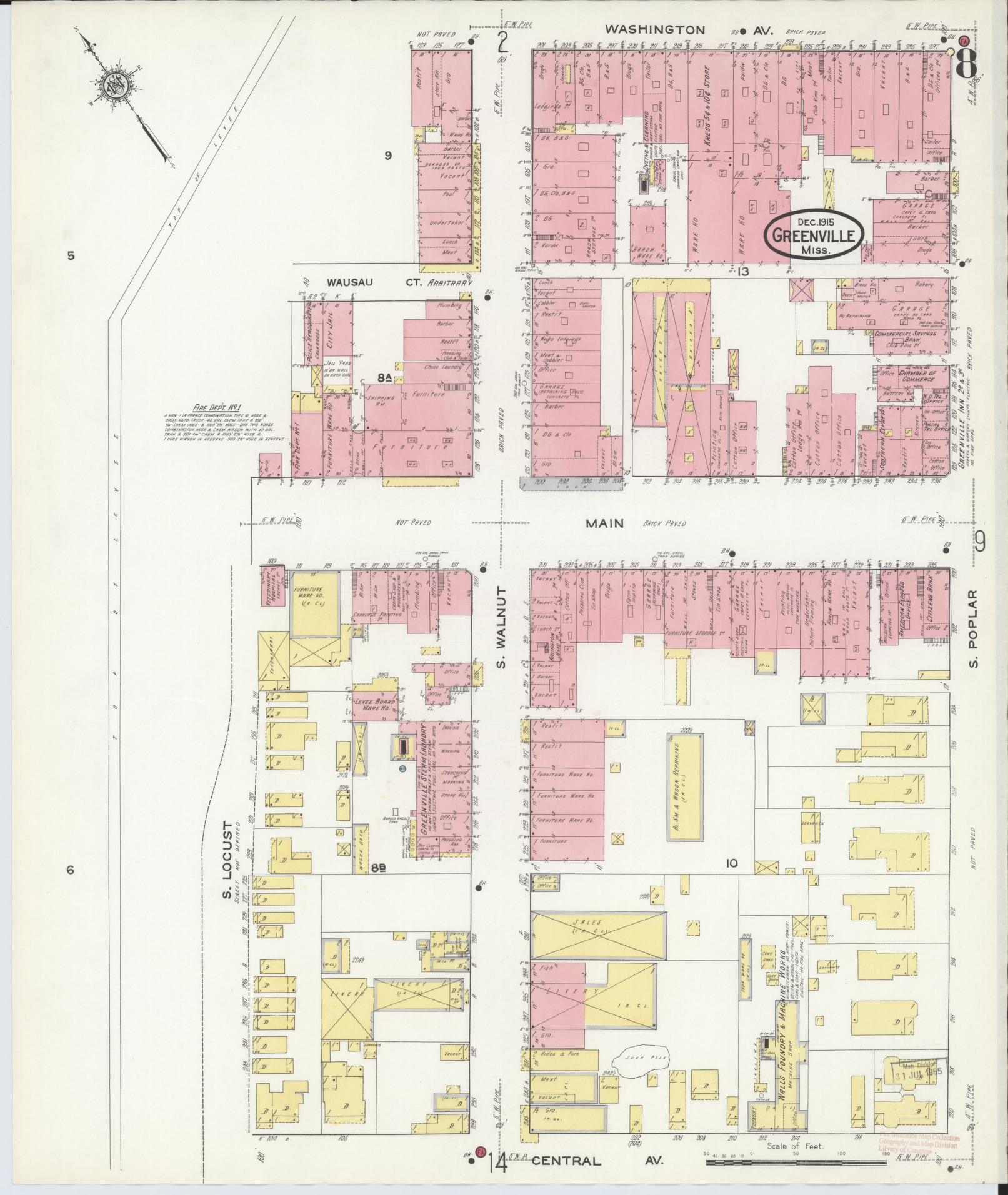 Sanborn Fire Insurance Map from Greenville, Washington County, Mississippi (1915), Sheet #0008 - Complete Map Set gallery image, historic Sanborn map, vintage wall art, Mississippi Mississippi