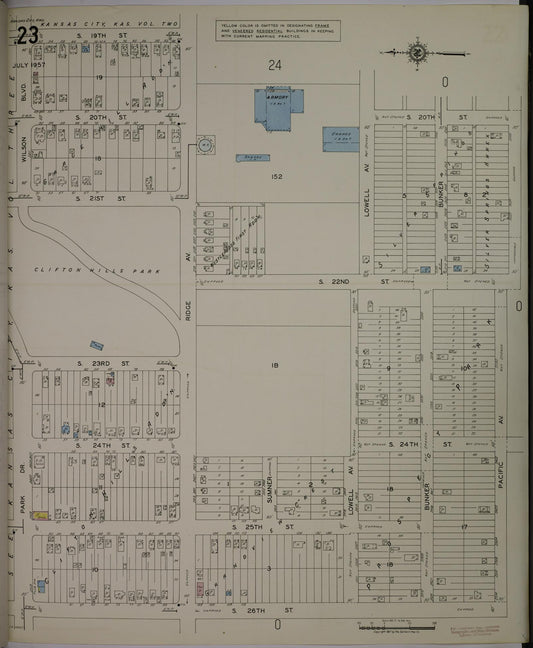 Sanborn Fire Insurance Map from Kansas City, Wyandotte County, Kansas (1957), Sheet #0023 - Historic Sanborn Fire Insurance Map Print, vintage old map wall art, antique decor, genealogy gift, Kansas Kansas map