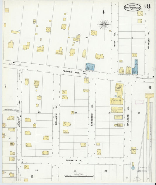 Sanborn Fire Insurance Map from Port Washington, Nassau County, New York (1909), Sheet #0008 - Historic Sanborn Fire Insurance Map Print, vintage old map wall art, antique decor, genealogy gift, New York New York map