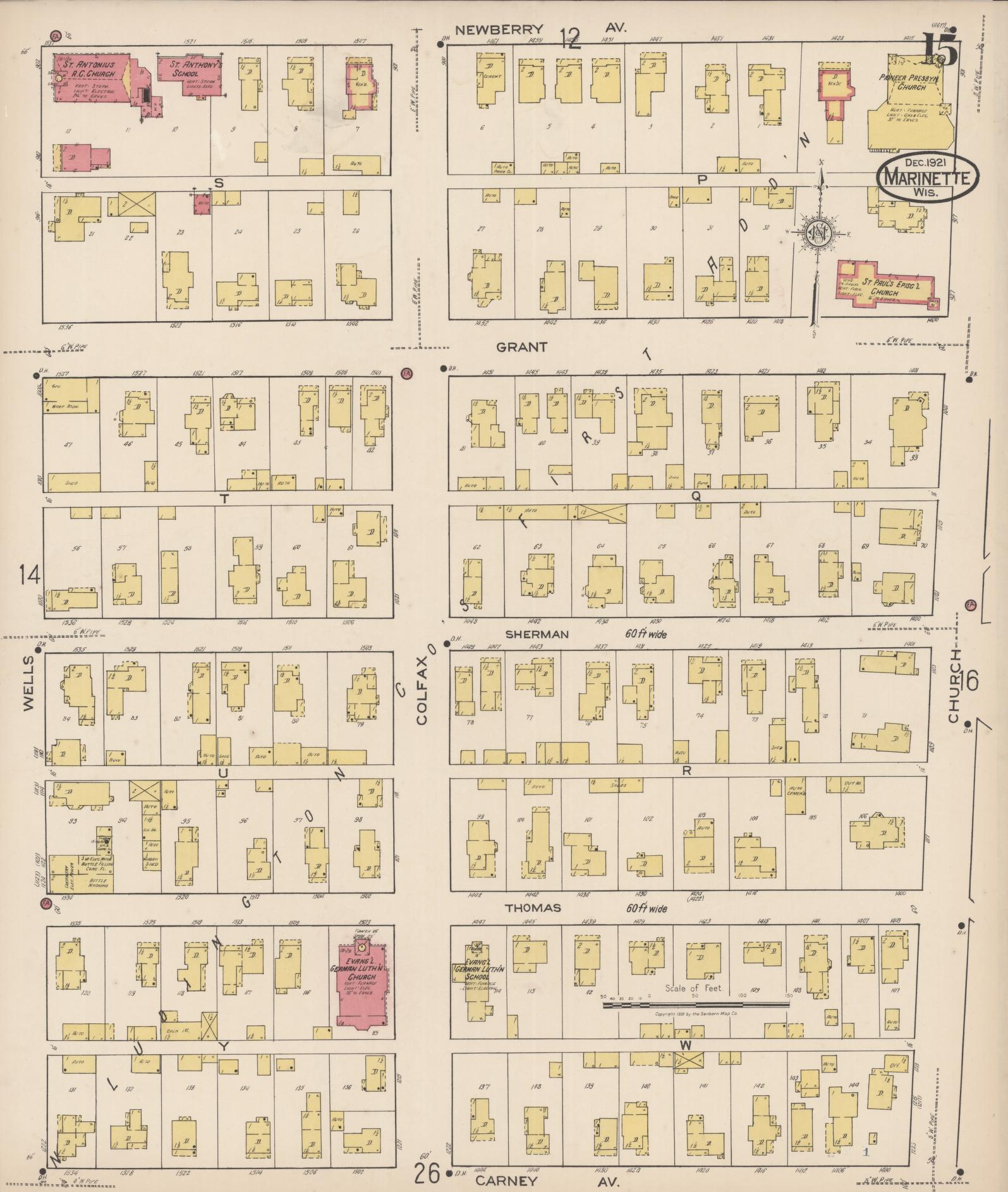 Sanborn Fire Insurance Map from Marinette, Marinette County, Wisconsin (1921), Sheet #0015 - Historic Sanborn Fire Insurance Map Print, vintage old map wall art, antique decor, genealogy gift, Wisconsin Wisconsin map