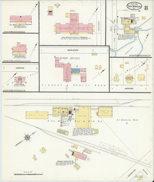 Sanborn Fire Insurance Map from San Marcos, Hays County, Texas (1912), Sheet #0008 - Historic Sanborn Fire Insurance Map Print, vintage old map wall art, antique decor, genealogy gift, Texas Texas map