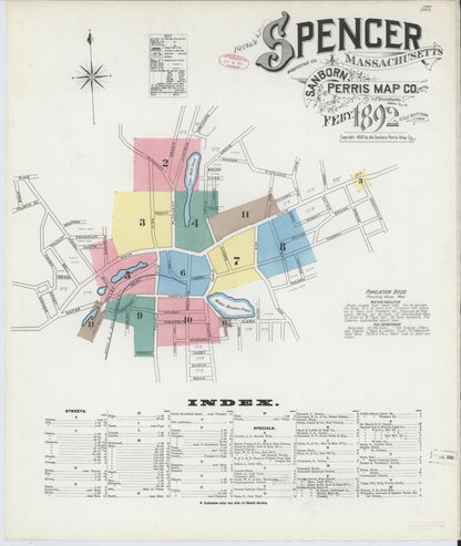 Sanborn Fire Insurance Map from Spencer, Worcester County, Massachusetts (1892), Sheet #0001 - Historic Sanborn Fire Insurance Map Print, vintage old map wall art, antique decor, genealogy gift, Massachusetts Massachusetts map