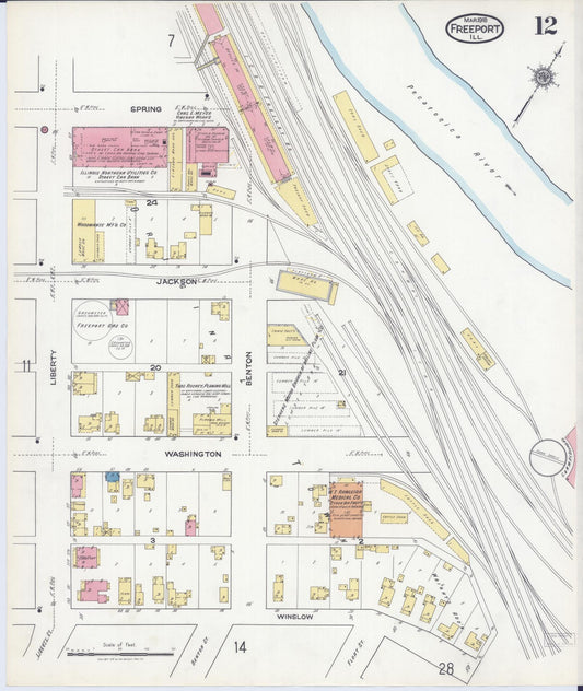 Sanborn Fire Insurance Map from Freeport, Stephenson County, Illinois (1918), Sheet #0012 - Historic Sanborn Fire Insurance Map Print, vintage old map wall art, antique decor, genealogy gift, Illinois Illinois map