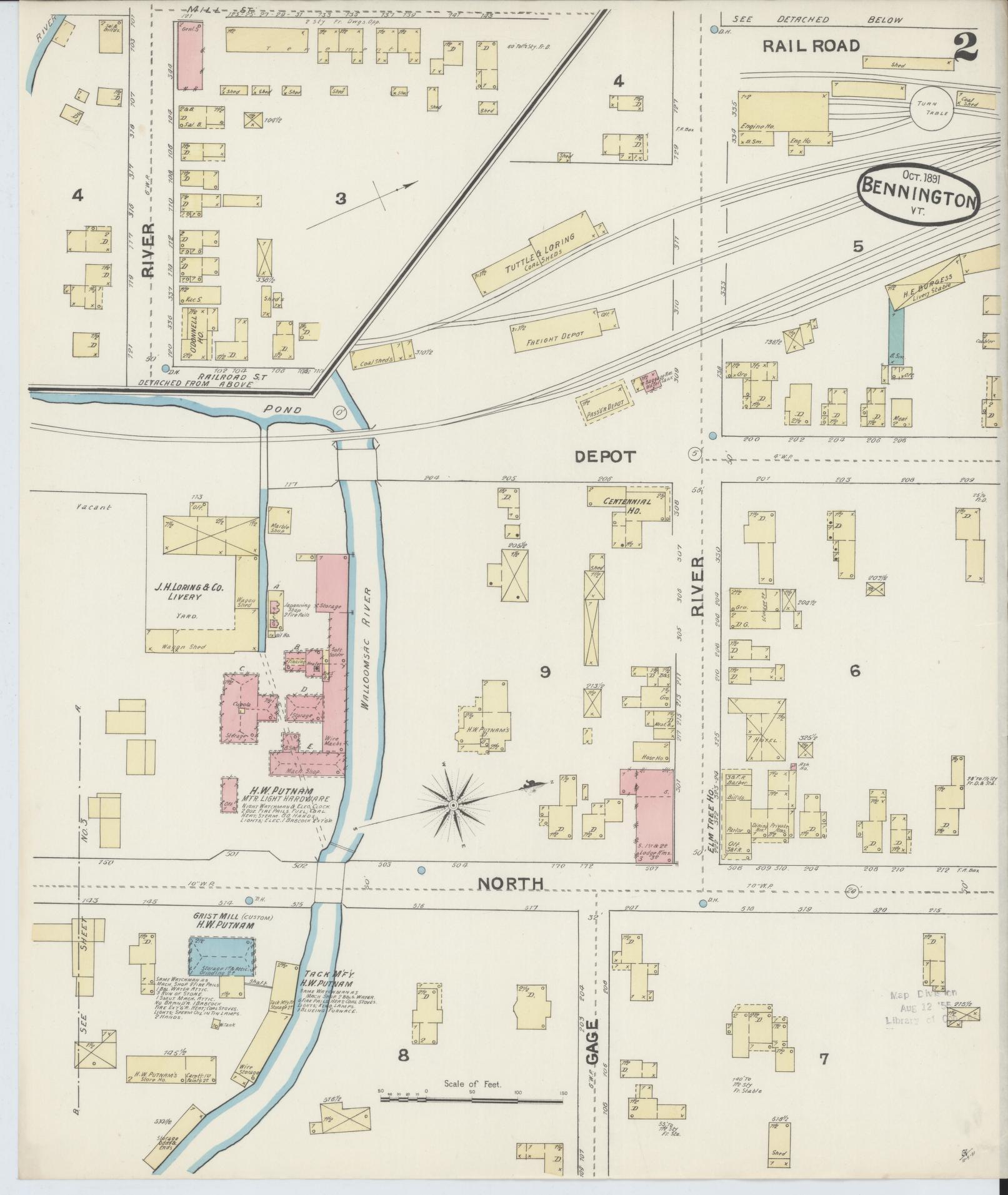 Sanborn Fire Insurance Map from Bennington, Bennington County, Vermont (1891), Sheet #0002 - Complete Map Set gallery image, historic Sanborn map, vintage wall art, Vermont Vermont