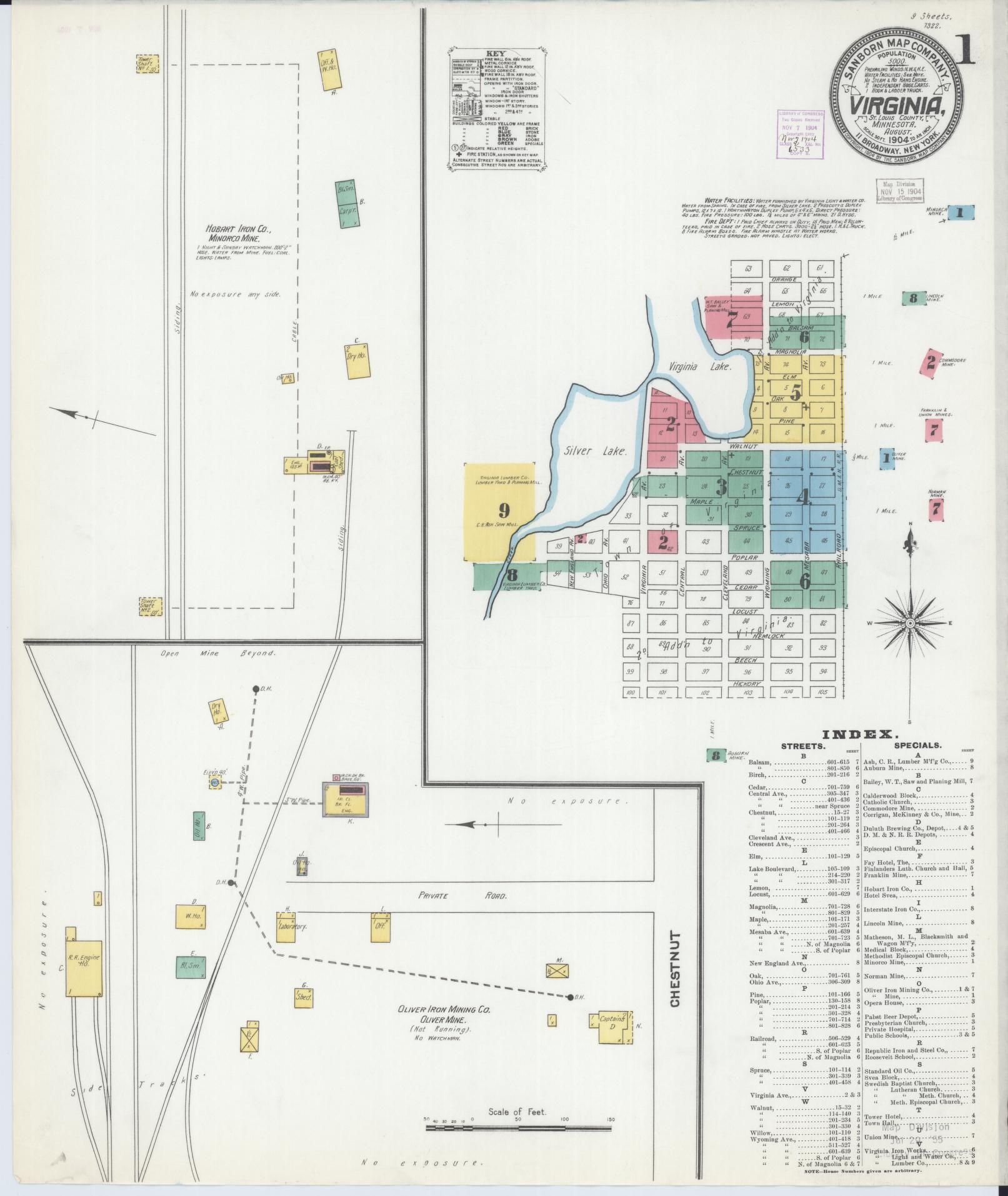 Sanborn Fire Insurance Map from Virginia, Saint Louis County, Minnesota (1904), Sheet #0001 - Complete Map Set gallery image, historic Sanborn map, vintage wall art, Minnesota Minnesota