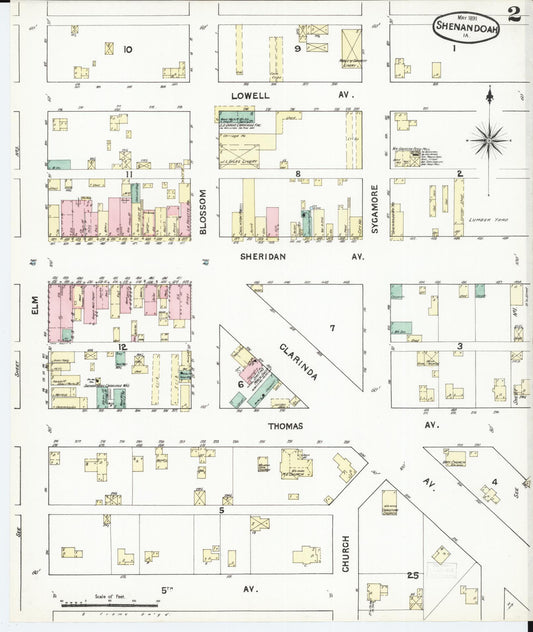 Sanborn Fire Insurance Map from Shenandoah, Page County, Iowa (1891), Sheet #0002 - Historic Sanborn Fire Insurance Map Print, vintage old map wall art