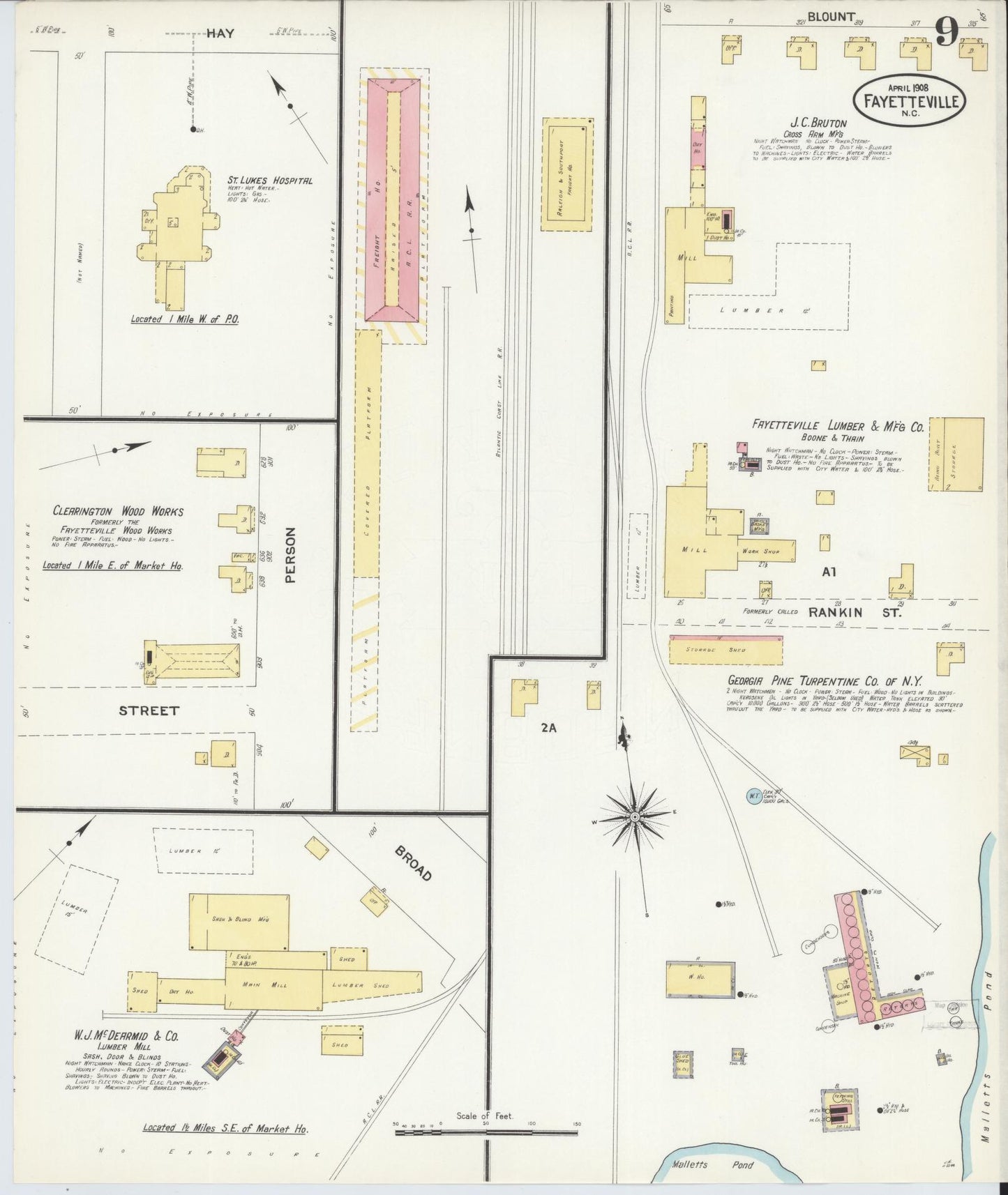Sanborn Fire Insurance Map from Fayetteville, Cumberland County, North Carolina (1908), Sheet #0009 - Complete Map Set gallery image, historic Sanborn map, vintage wall art, North Carolina North Carolina
