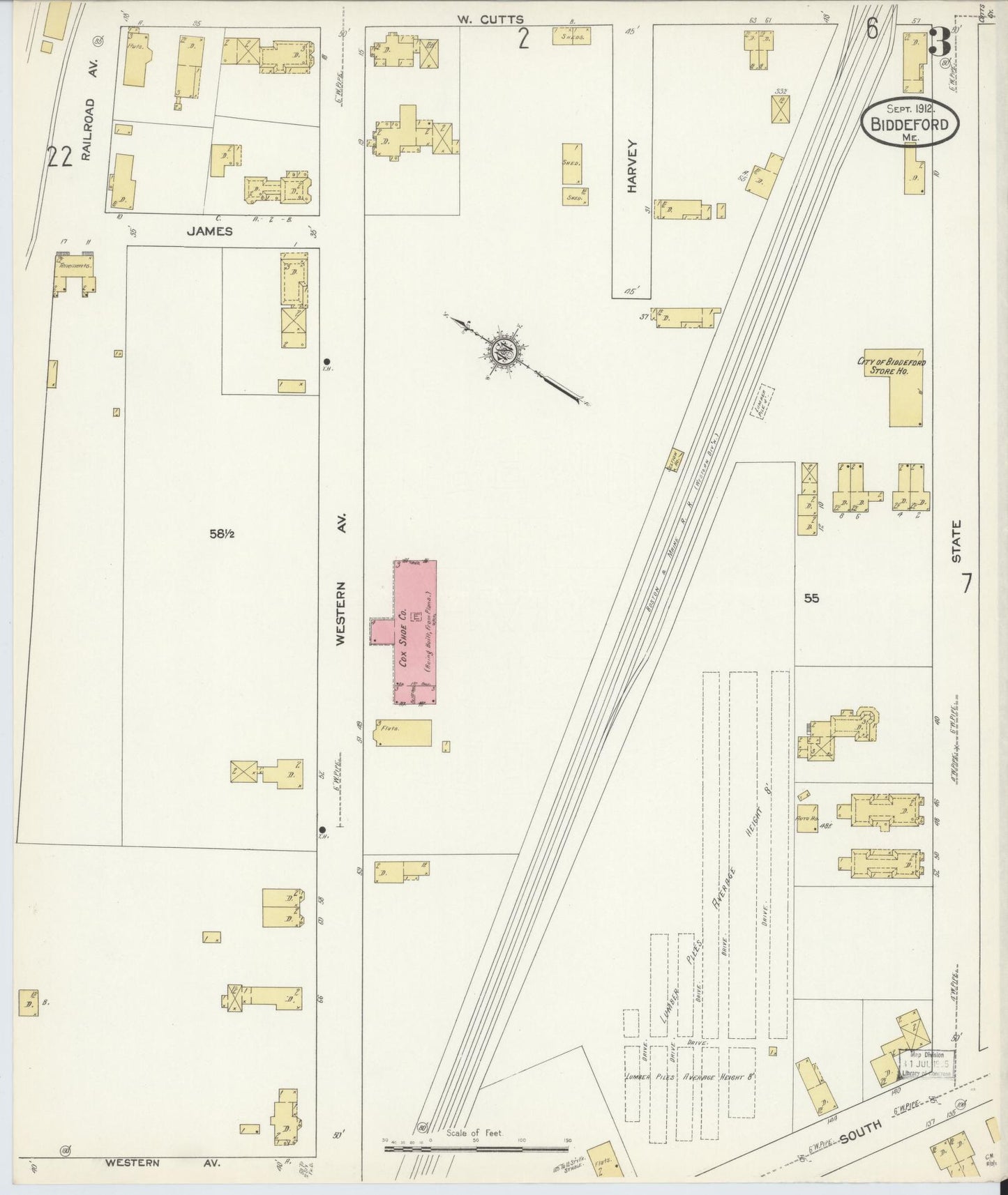 Sanborn Fire Insurance Map from Biddeford, York County, Maine (1912), Sheet #0003 - Complete Map Set gallery image, historic Sanborn map, vintage wall art, Maine Maine
