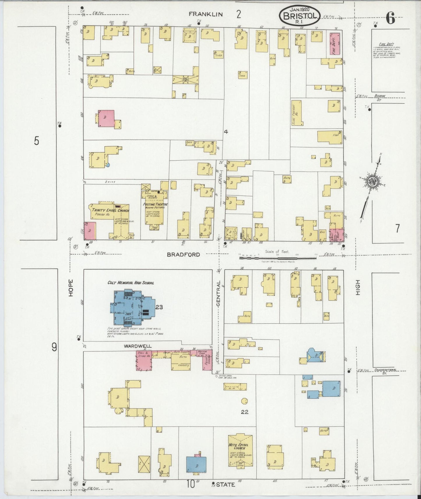 Sanborn Fire Insurance Map from Bristol, Bristol County, Rhode Island (1920), Sheet #0006 - Historic Sanborn Fire Insurance Map Print, vintage old map wall art, antique decor, genealogy gift, Rhode Island Rhode Island map