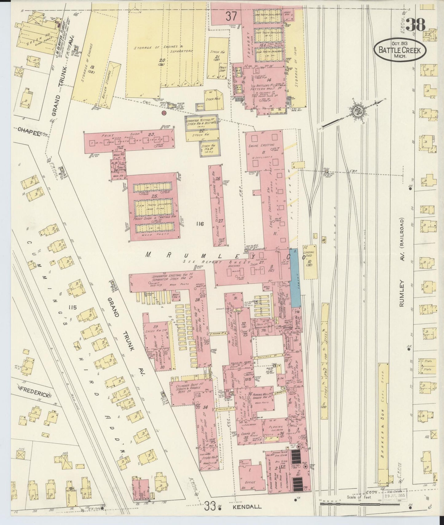 Sanborn Fire Insurance Map from Battle Creek, Calhoun County, Michigan (1913), Sheet #0038 - Complete Map Set gallery image, historic Sanborn map, vintage wall art, Michigan Michigan