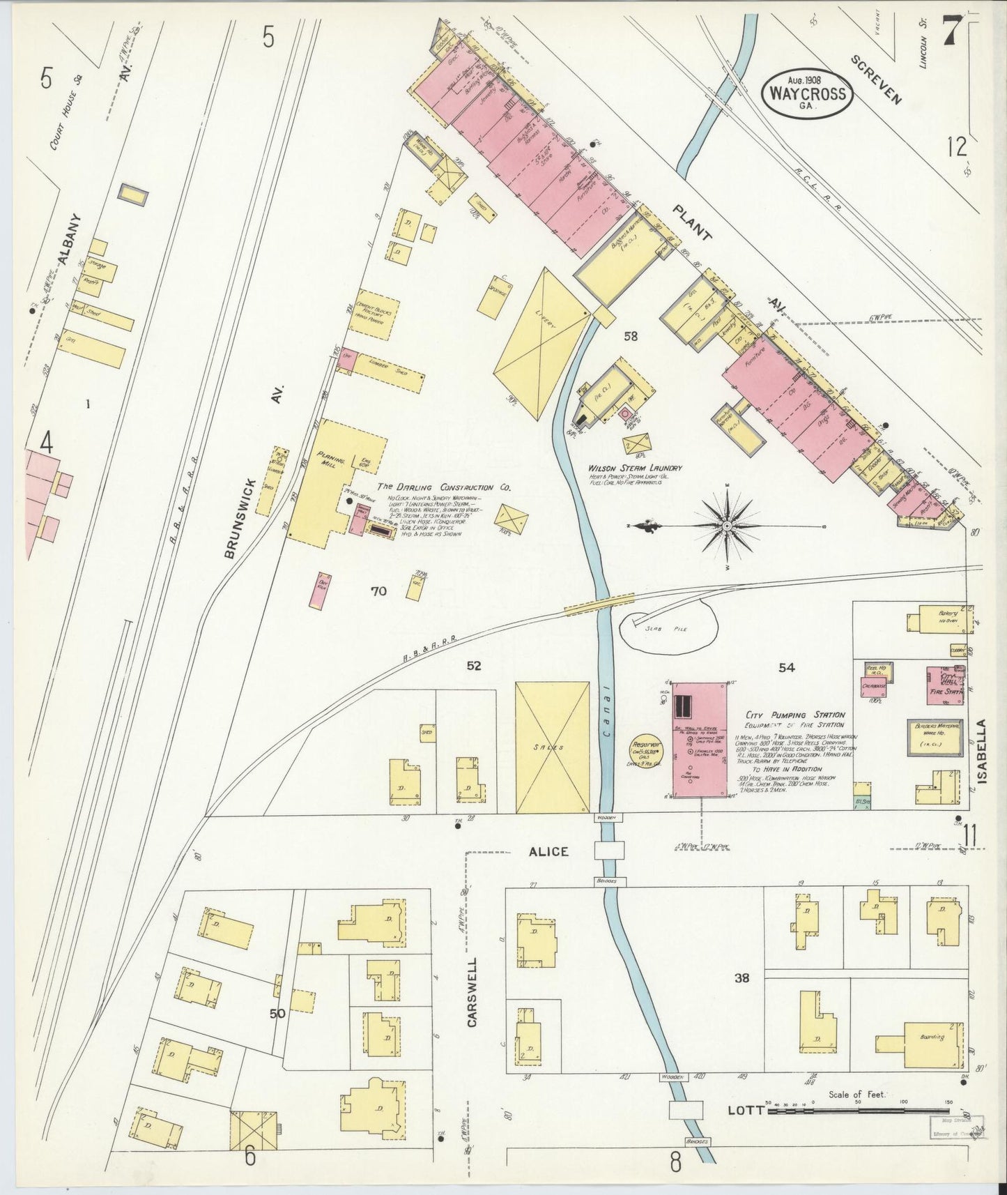 Sanborn Fire Insurance Map from Waycross, Ware County, Georgia (1908), Sheet #0007 - Historic Sanborn Fire Insurance Map Print, vintage old map wall art, antique decor, genealogy gift, Georgia Georgia map