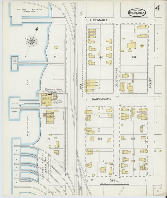 Sanborn Fire Insurance Map from Brunswick, Glynn County, Georgia (1893), Sheet #0004 - Historic Sanborn Fire Insurance Map Print, vintage old map wall art, antique decor, genealogy gift, Georgia Georgia map