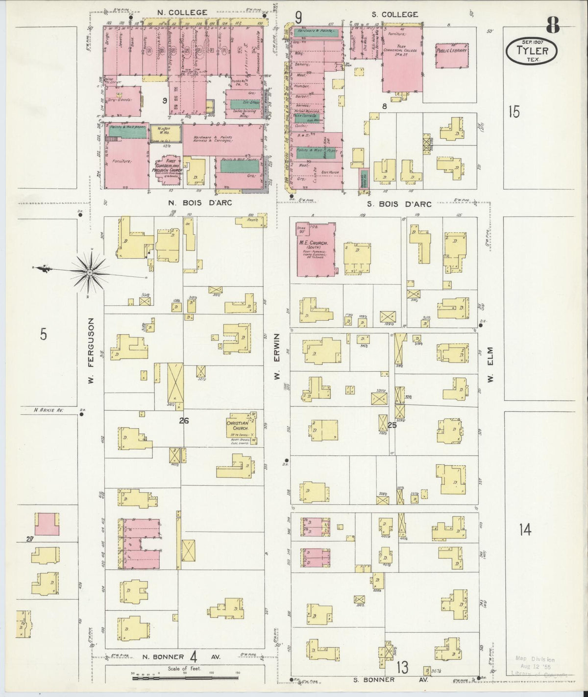 Sanborn Fire Insurance Map from Tyler, Smith County, Texas (1907), Sheet #0008 - Historic Sanborn Fire Insurance Map Print, vintage old map wall art, antique decor, genealogy gift, Texas Texas map