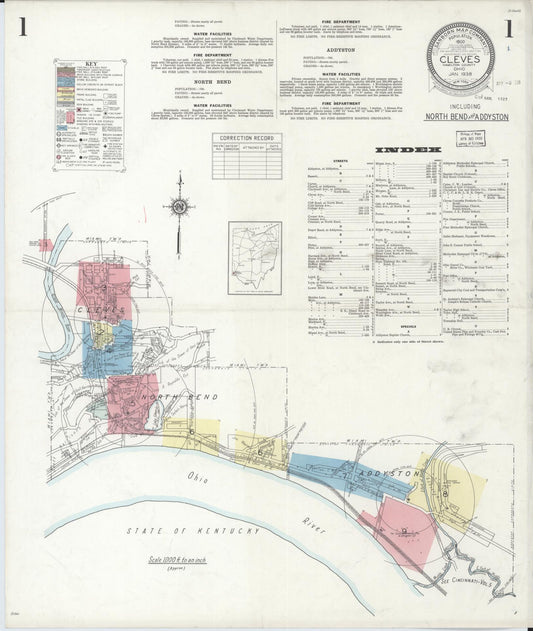 Sanborn Fire Insurance Map from Cleves, Hamilton County, Ohio (1938), Sheet #0001 - Historic Sanborn Fire Insurance Map Print, vintage old map wall art, antique decor, genealogy gift, Ohio Ohio map