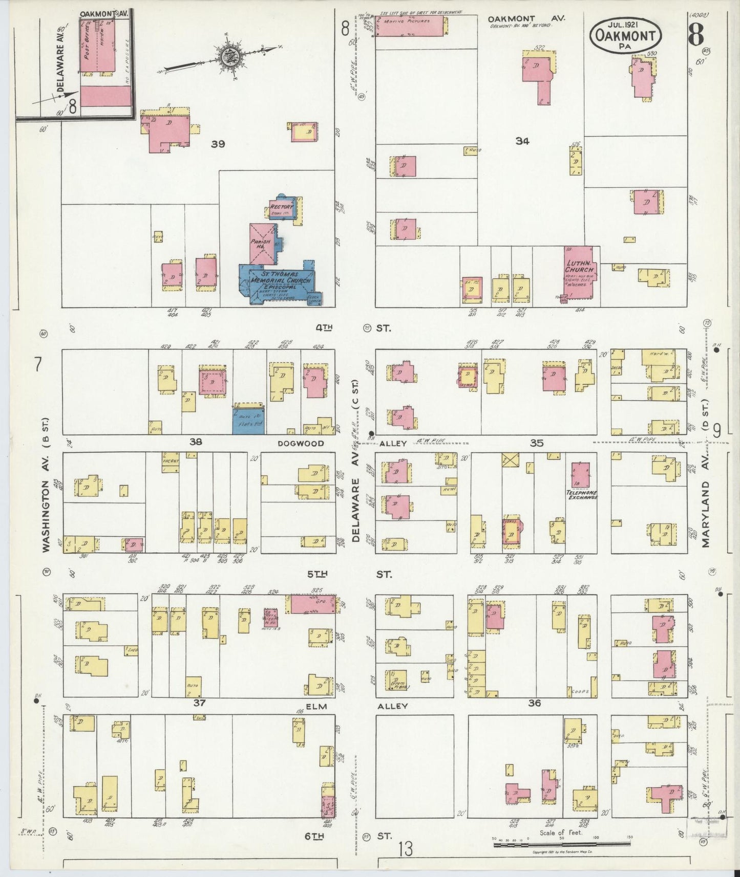 Sanborn Fire Insurance Map from Oakmont, Allegheny County, Pennsylvania (1921), Sheet #0008 - Complete Map Set gallery image, historic Sanborn map, vintage wall art, Pennsylvania Pennsylvania