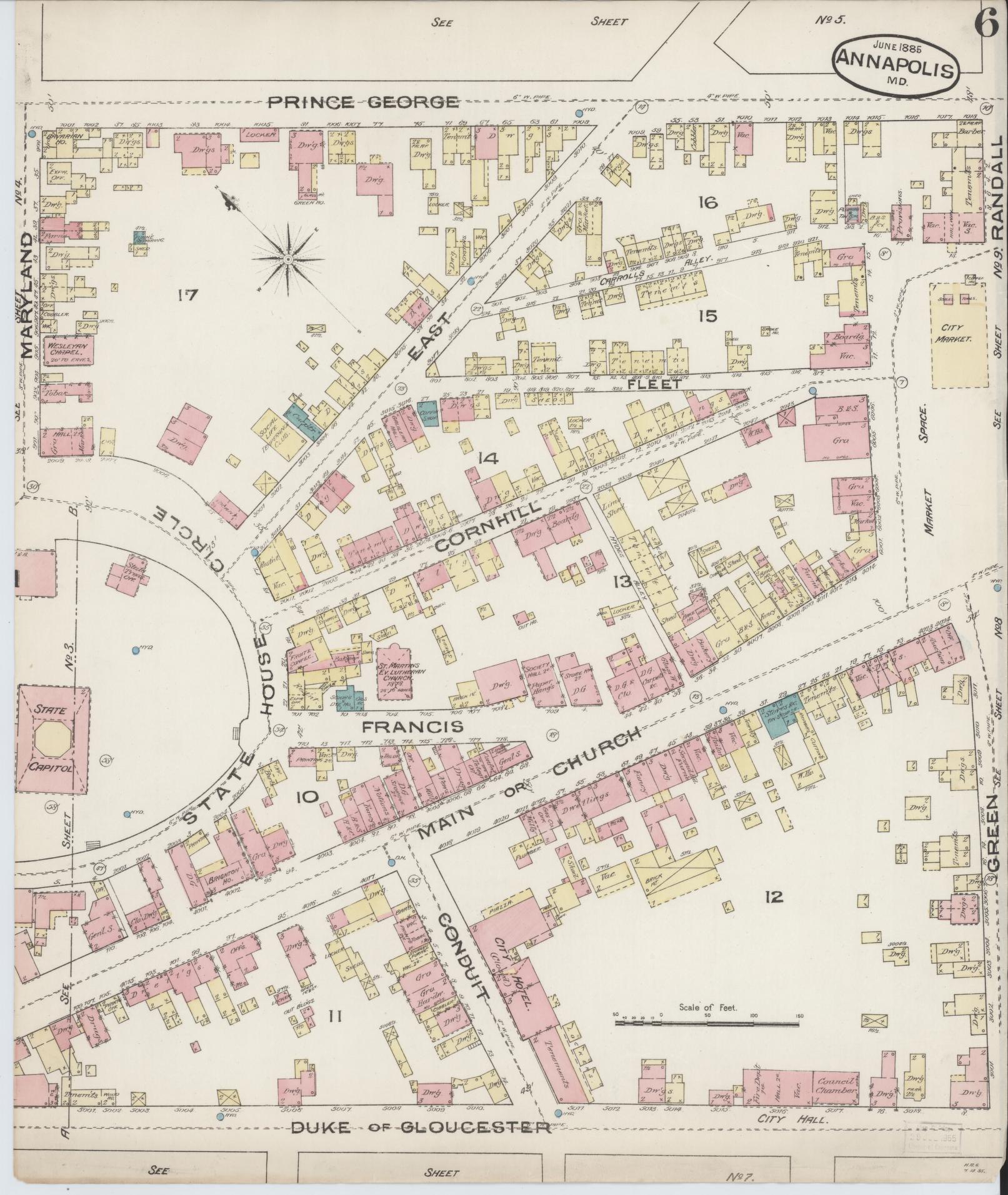 Sanborn Fire Insurance Map from Annapolis, Anne Arundel County, Maryland (1885), Sheet #0006 - Complete Map Set gallery image, historic Sanborn map, vintage wall art, Maryland Maryland