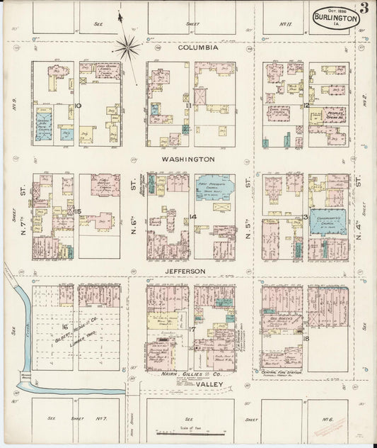 Sanborn Fire Insurance Map from Burlington, Des Moines County, Iowa (1888), Sheet #0003 - Historic Sanborn Fire Insurance Map Print, vintage old map wall art