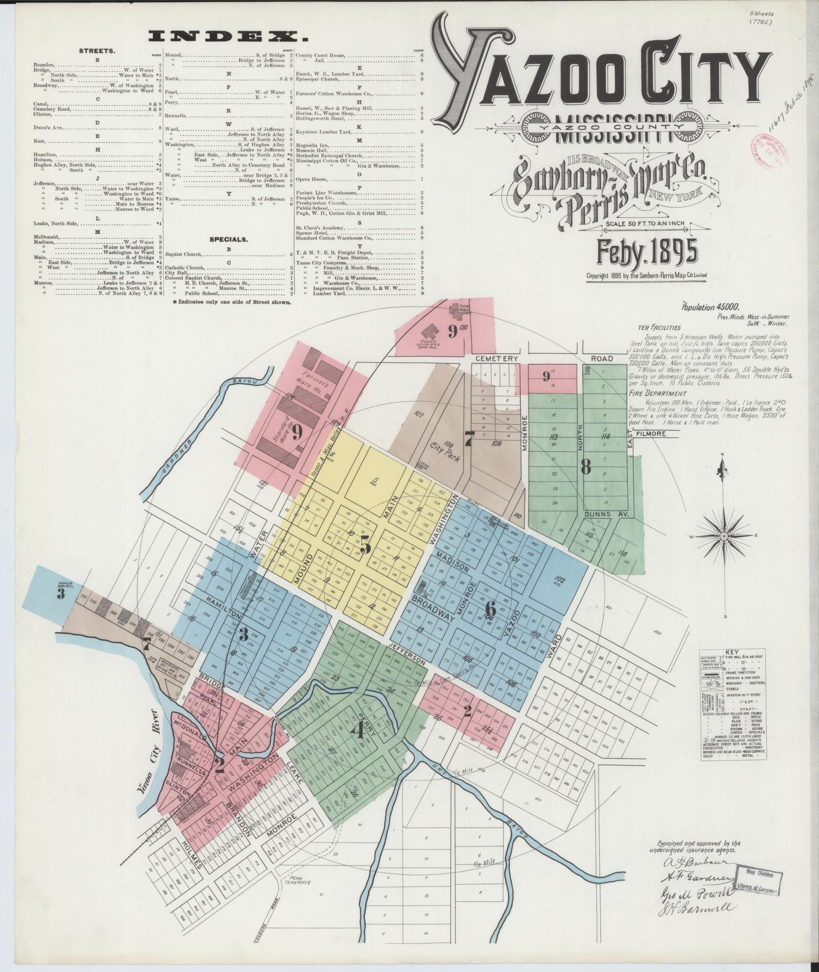 Sanborn Fire Insurance Map from Yazoo City, Yazoo County, Mississippi (1895), Sheet #0001 - Historic Sanborn Fire Insurance Map Print, vintage old map wall art, antique decor, genealogy gift, Mississippi Mississippi map