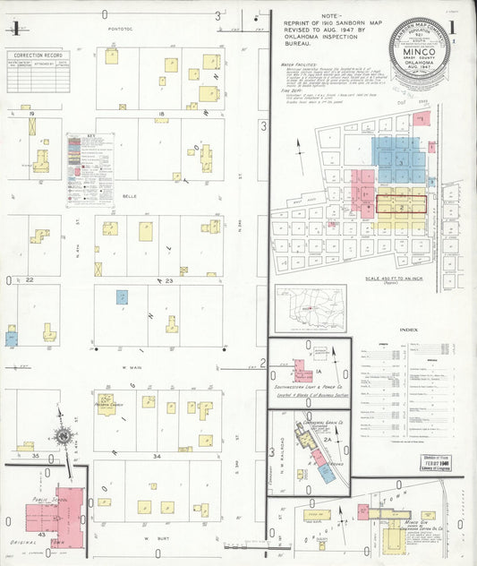 Sanborn Fire Insurance Map from Minco, Grady County, Oklahoma (1947), Sheet #0001 - Complete Map Set gallery image, historic Sanborn map, vintage wall art, Oklahoma Oklahoma