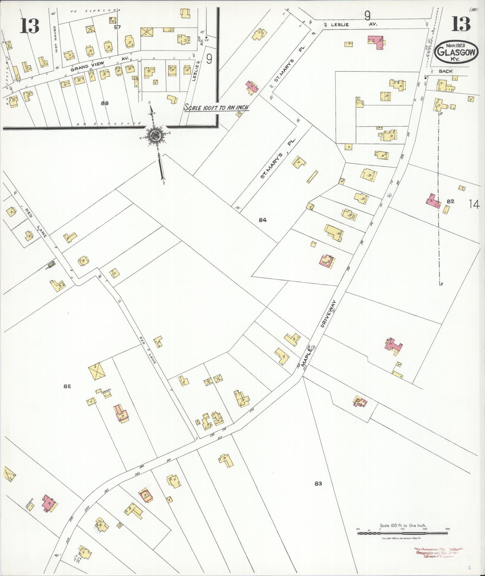 Sanborn Fire Insurance Map from Glasgow, Barren County, Kentucky (1923), Sheet #0013 - Complete Map Set gallery image, historic Sanborn map, vintage wall art, Kentucky Kentucky