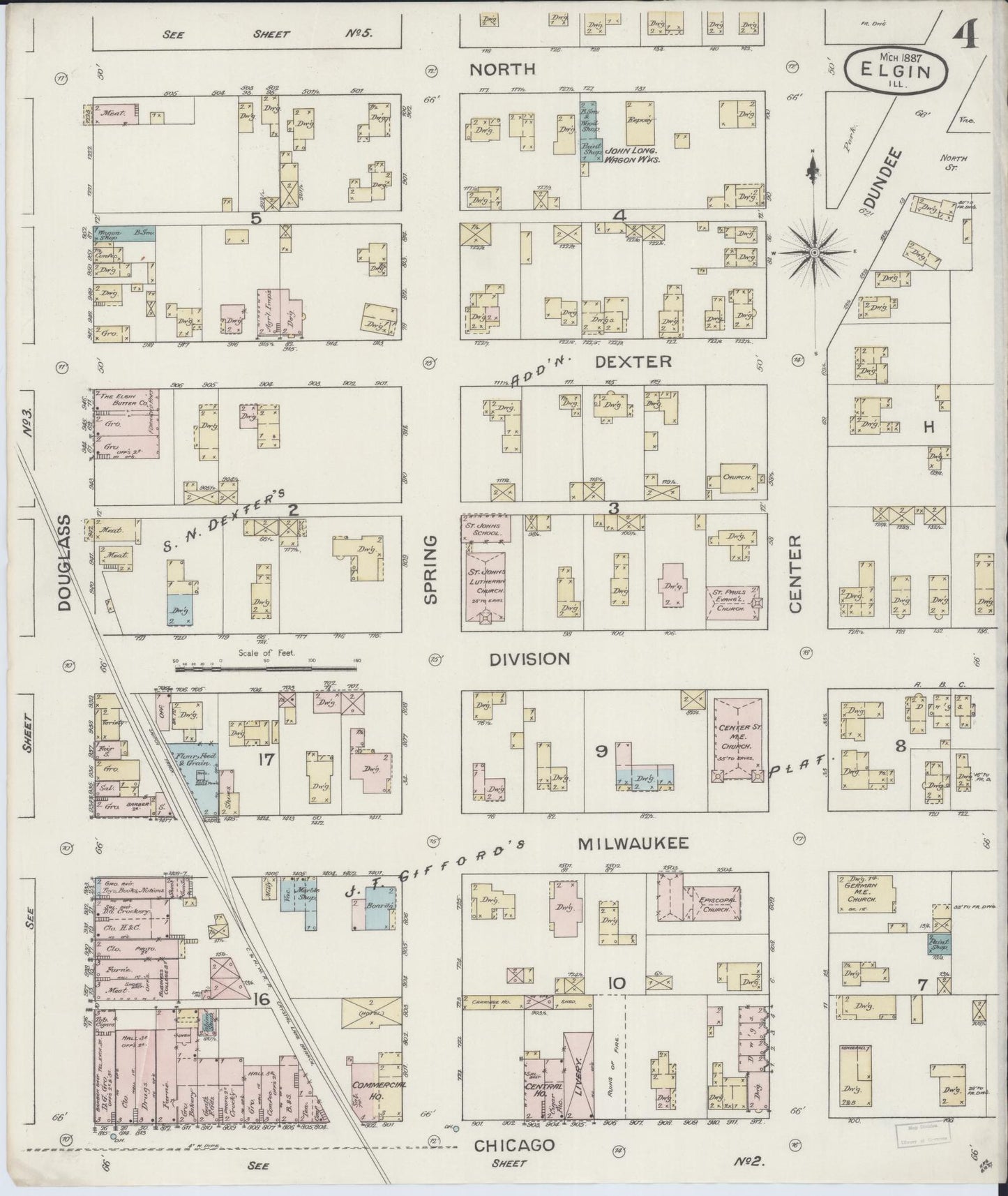 Sanborn Fire Insurance Map from Elgin, Kane County, Illinois (1887), Sheet #0004 - Historic Sanborn Fire Insurance Map Print, vintage old map wall art, antique decor, genealogy gift, Illinois Illinois map