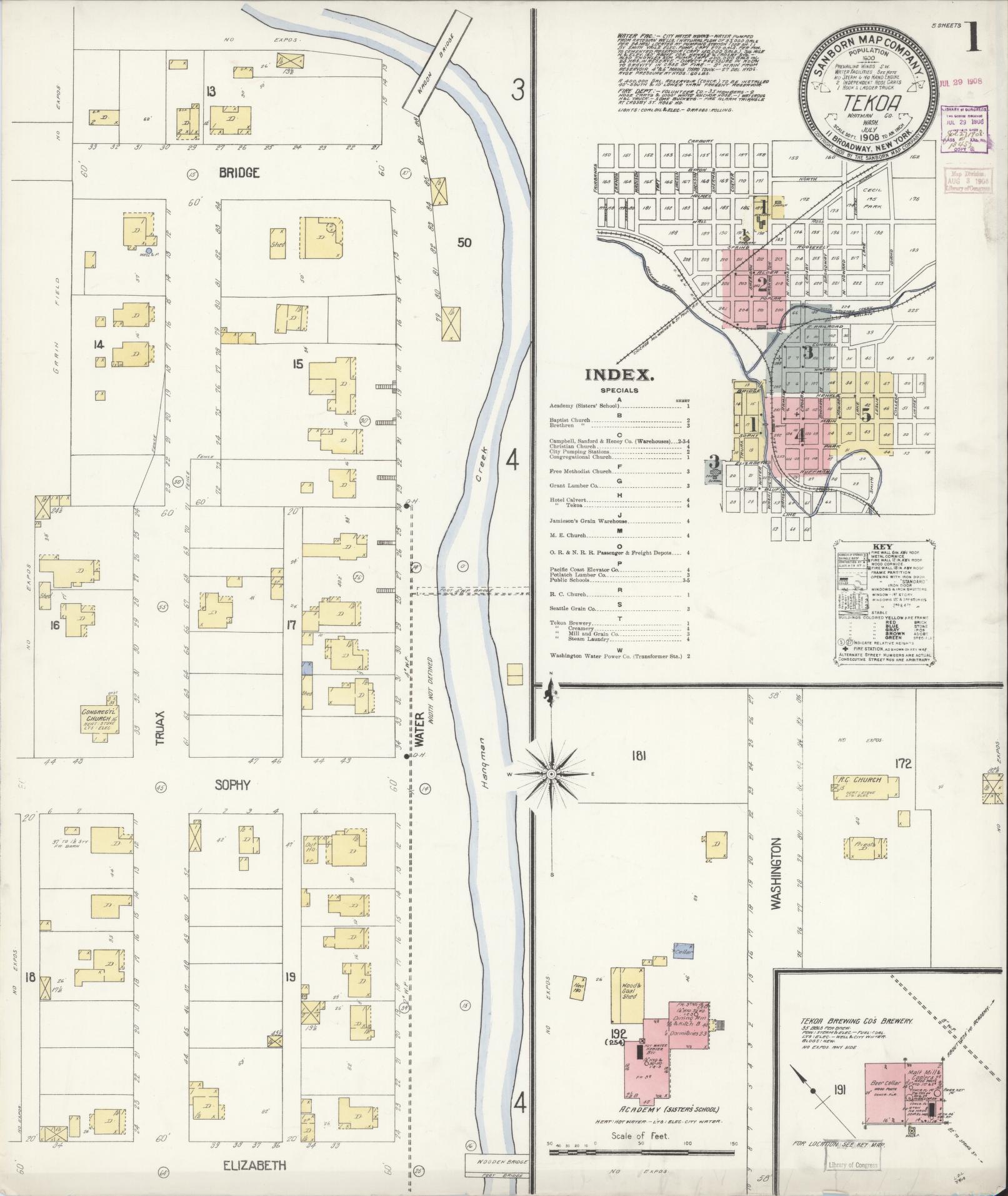 Sanborn Fire Insurance Map from Tekoa, Whitman County, Washington (1908), Sheet #0001 - Complete Map Set gallery image, historic Sanborn map, vintage wall art, Washington Washington