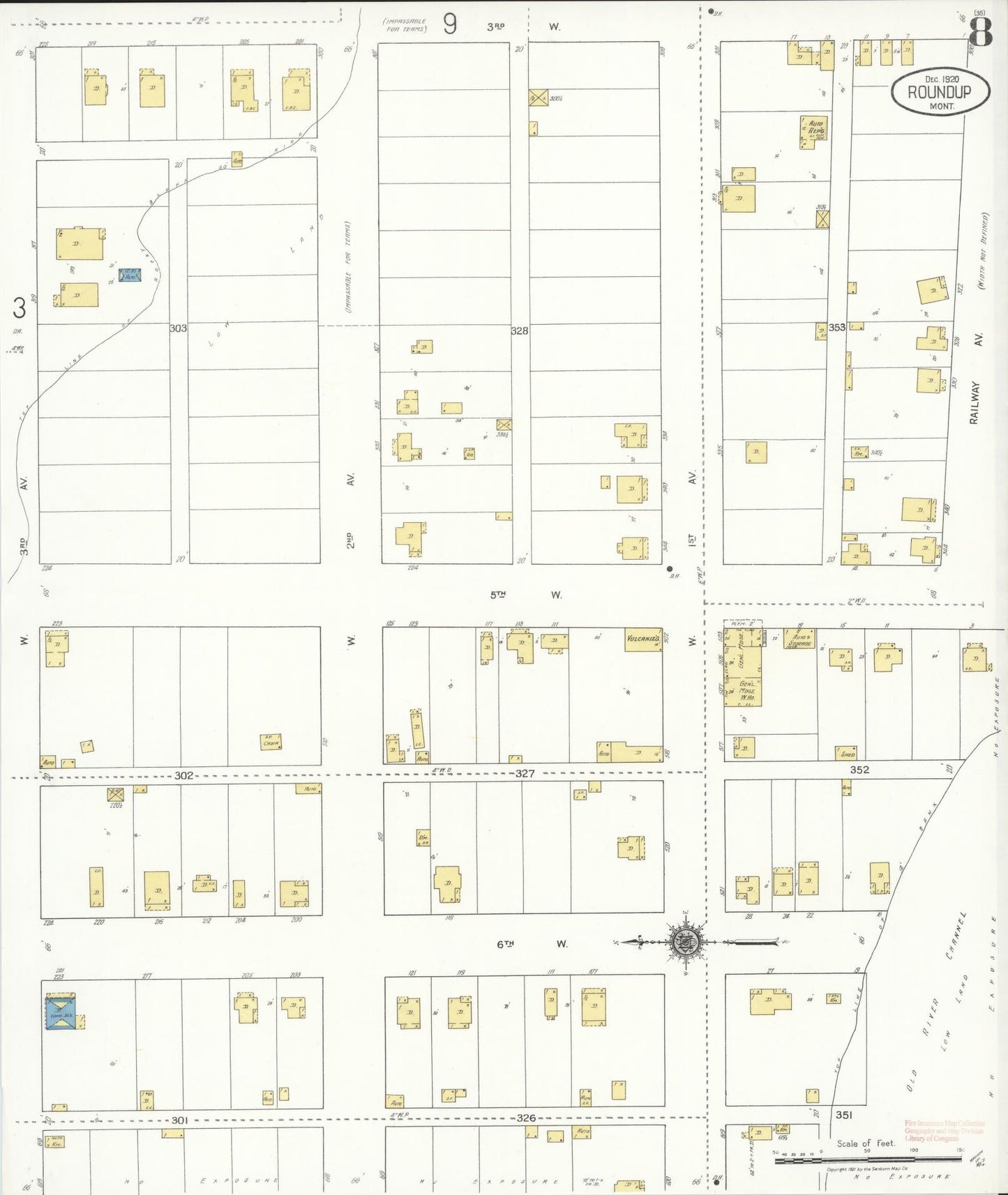 Sanborn Fire Insurance Map from Roundup, Musselshell County, Montana (1920), Sheet #0008 - Historic Sanborn Fire Insurance Map Print, vintage old map wall art, antique decor, genealogy gift, Montana Montana map