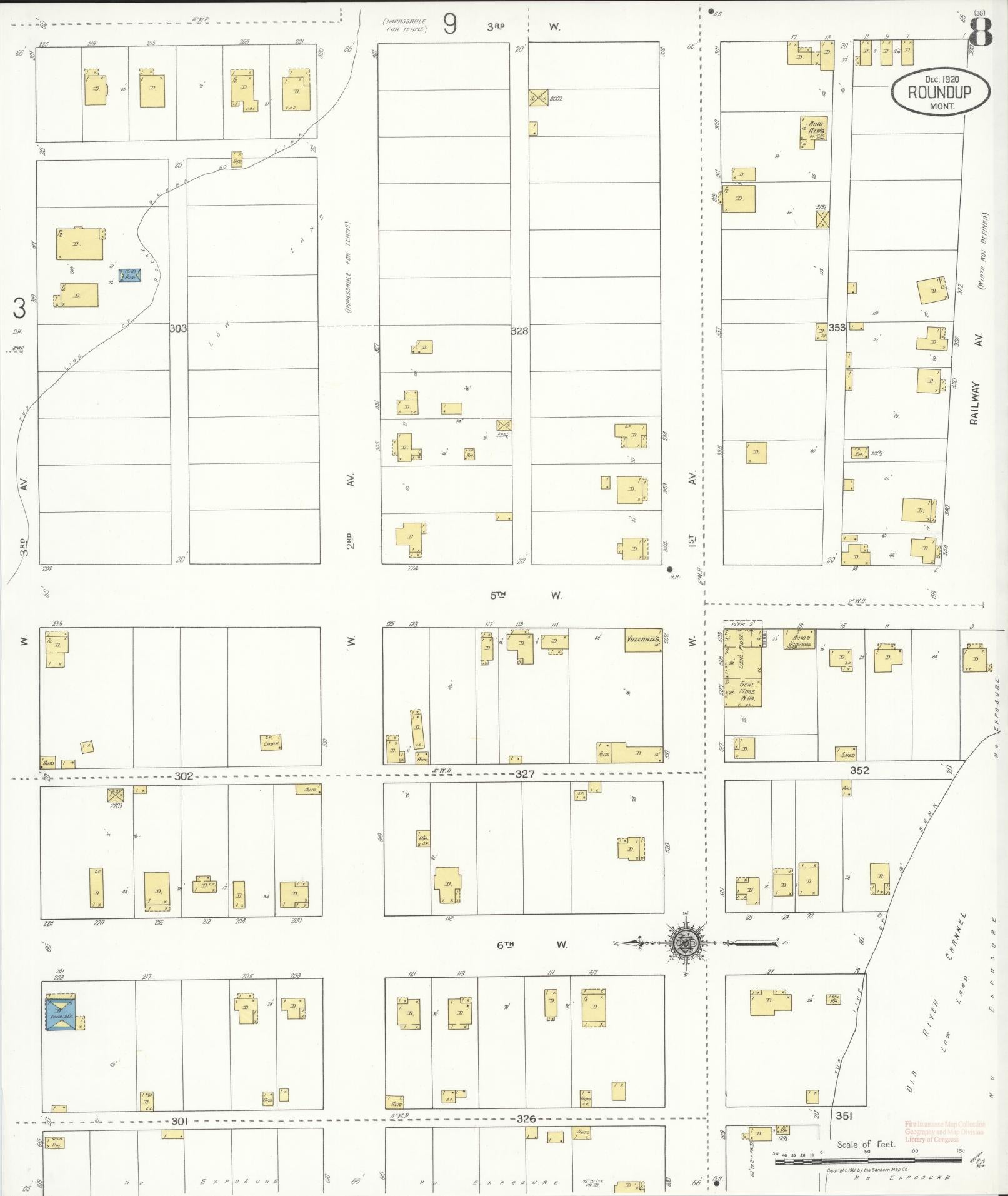 Sanborn Fire Insurance Map from Roundup, Musselshell County, Montana (1920), Sheet #0008 - Historic Sanborn Fire Insurance Map Print, vintage old map wall art, antique decor, genealogy gift, Montana Montana map