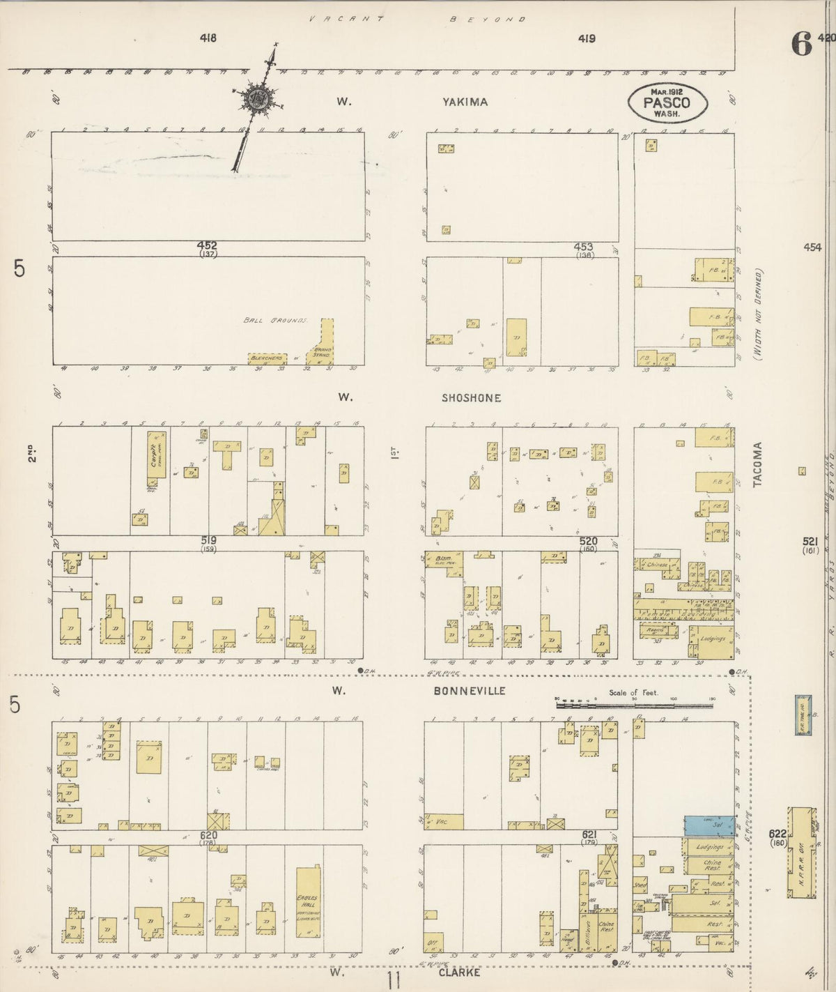 Sanborn Fire Insurance Map from Pasco, Franklin County, Washington (1912), Sheet #0006 - Historic Sanborn Fire Insurance Map Print, vintage old map wall art, antique decor, genealogy gift, Washington Washington map