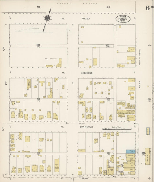 Sanborn Fire Insurance Map from Pasco, Franklin County, Washington (1912), Sheet #0006 - Historic Sanborn Fire Insurance Map Print, vintage old map wall art, antique decor, genealogy gift, Washington Washington map