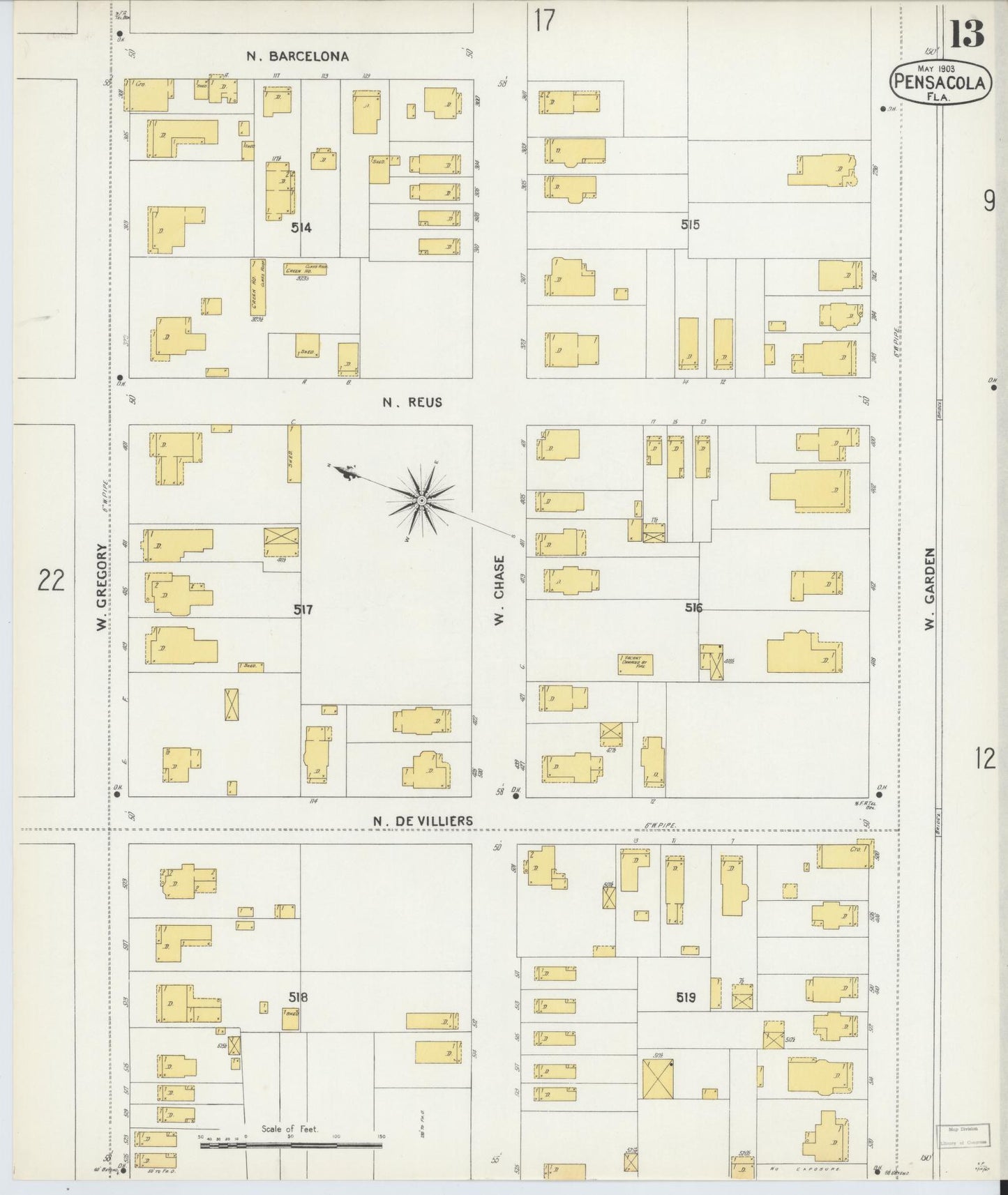 Sanborn Fire Insurance Map from Pensacola, Escambia County, Florida (1903), Sheet #0013 - Complete Map Set gallery image, historic Sanborn map, vintage wall art, Florida Florida
