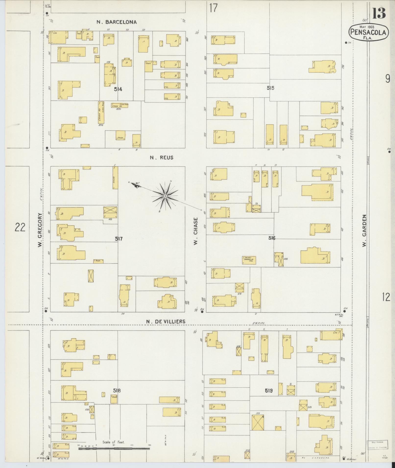 Sanborn Fire Insurance Map from Pensacola, Escambia County, Florida (1903), Sheet #0013 - Complete Map Set gallery image, historic Sanborn map, vintage wall art, Florida Florida