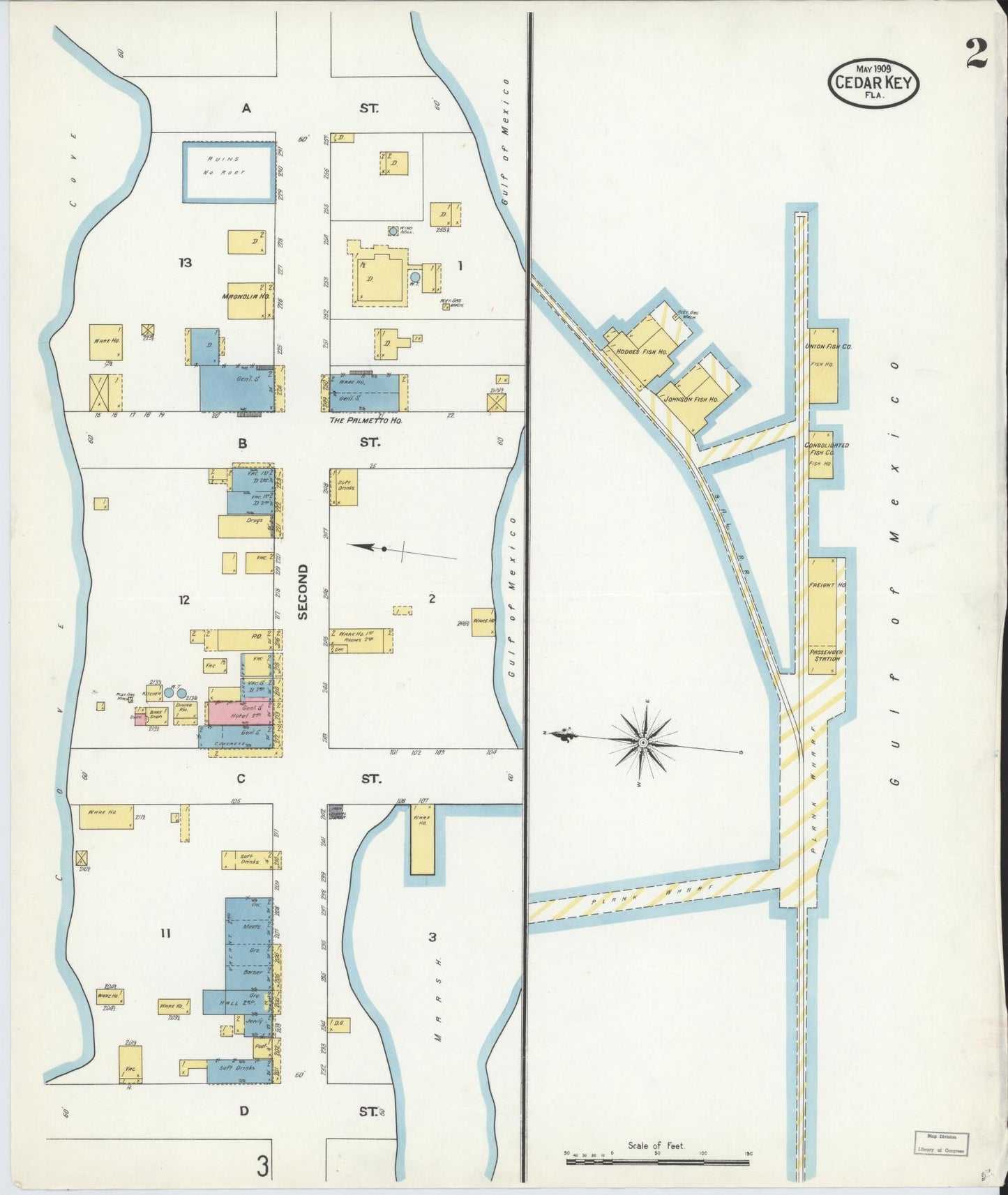 Sanborn Fire Insurance Map from Cedar Key, Levy County, Florida (1909), Sheet #0002 - Complete Map Set gallery image, historic Sanborn map, vintage wall art, Florida Florida