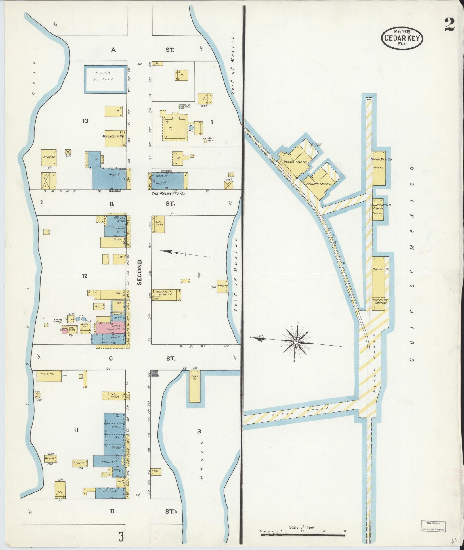 Sanborn Fire Insurance Map from Cedar Key, Levy County, Florida (1909), Sheet #0002 - Complete Map Set gallery image, historic Sanborn map, vintage wall art, Florida Florida