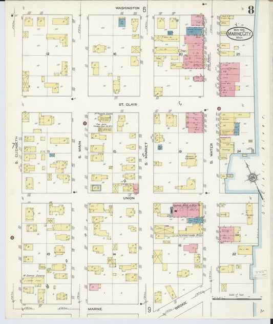 Sanborn Fire Insurance Map from Marine City, Saint Clair County, Michigan (1913), Sheet #0008 - Historic Sanborn Fire Insurance Map Print, vintage old map wall art, antique decor, genealogy gift, Michigan Michigan map