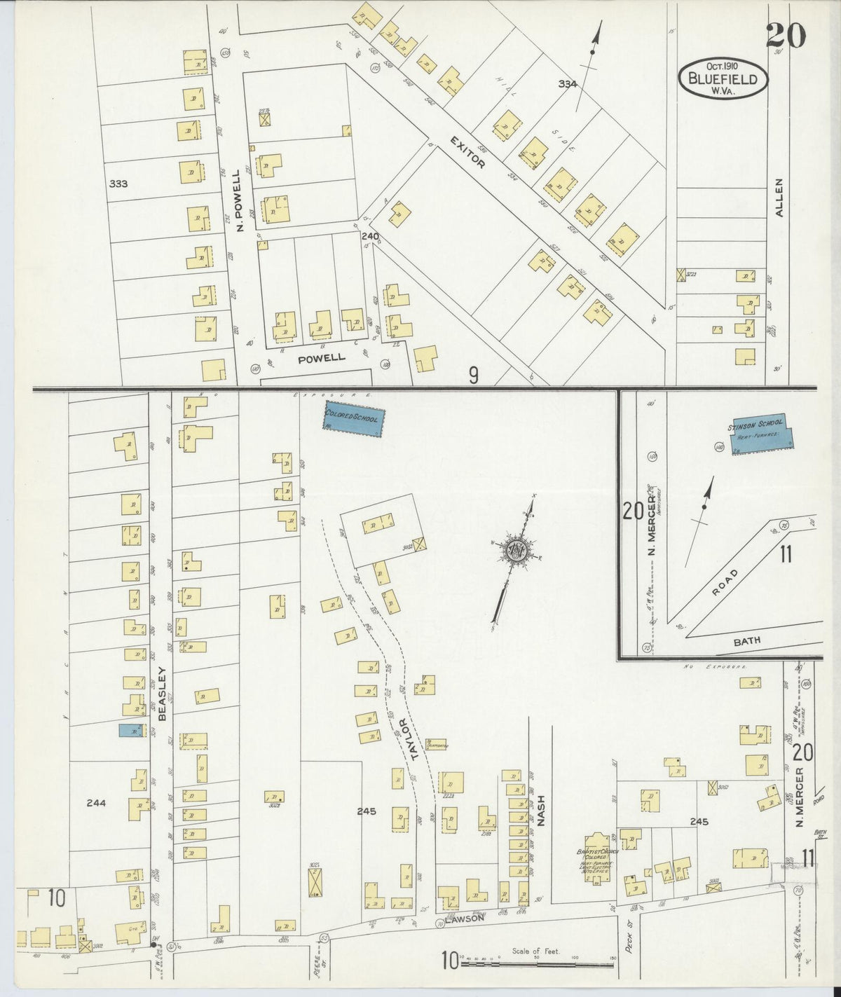 Sanborn Fire Insurance Map from Bluefield, Mercer County, West Virginia (1910), Sheet #0020 - Historic Sanborn Fire Insurance Map Print, vintage old map wall art, antique decor, genealogy gift, West Virginia West Virginia map