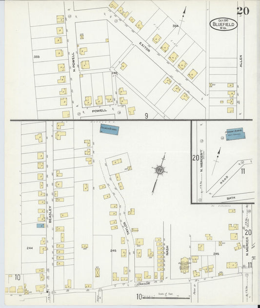 Sanborn Fire Insurance Map from Bluefield, Mercer County, West Virginia (1910), Sheet #0020 - Historic Sanborn Fire Insurance Map Print, vintage old map wall art, antique decor, genealogy gift, West Virginia West Virginia map