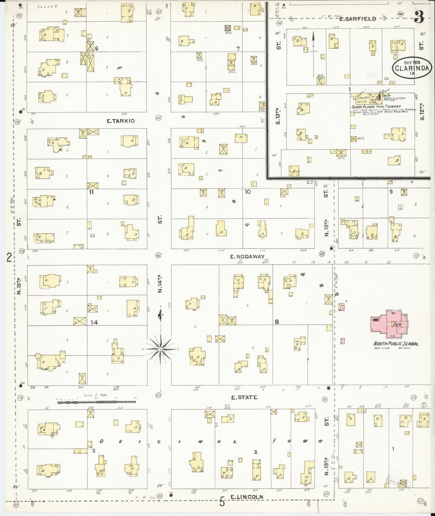 Sanborn Fire Insurance Map from Clarinda, Page County, Iowa (1906), Sheet #0003 - Historic Sanborn Fire Insurance Map Print, vintage old map wall art