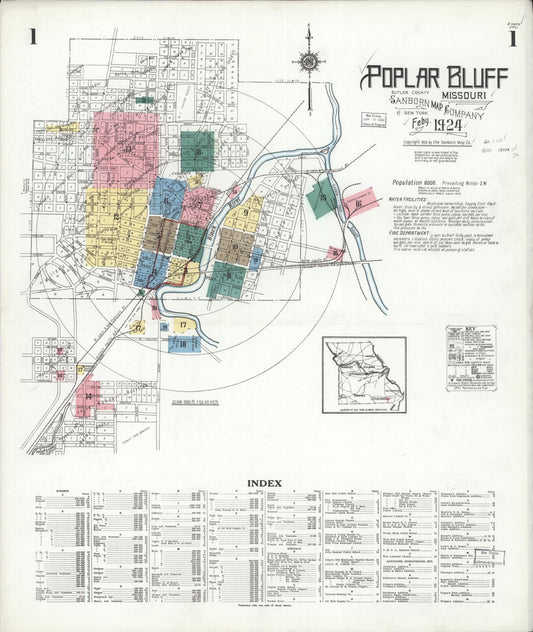 Sanborn Fire Insurance Map from Poplar Bluff, Butler County, Missouri (1924), Sheet #0001 - Historic Sanborn Fire Insurance Map Print, vintage old map wall art, antique decor, genealogy gift, Missouri Missouri map