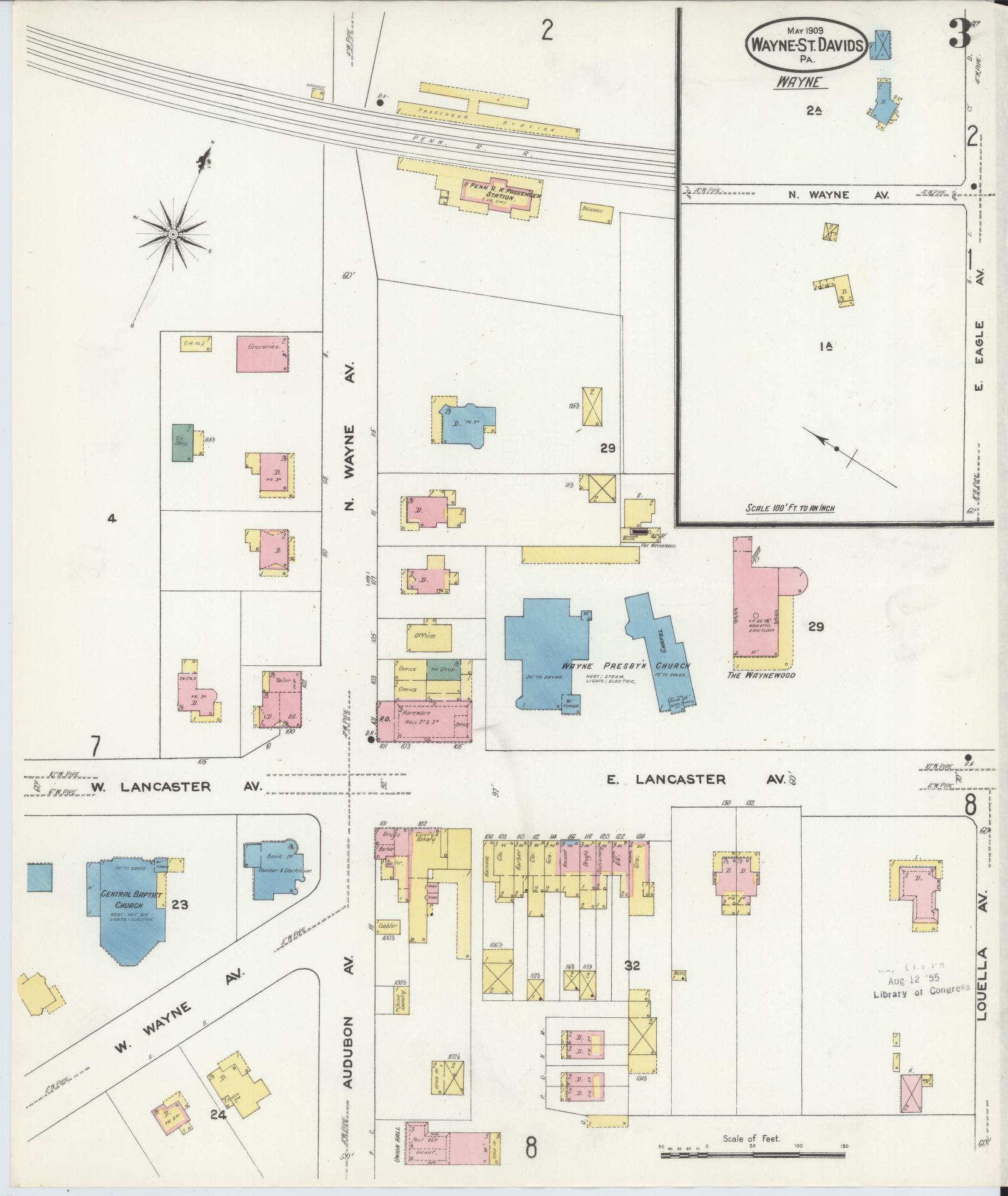 Sanborn Fire Insurance Map from Wayne, Delaware County, Pennsylvania (1909), Sheet #0003 - Historic Sanborn Fire Insurance Map Print, vintage old map wall art, antique decor, genealogy gift, Pennsylvania Pennsylvania map