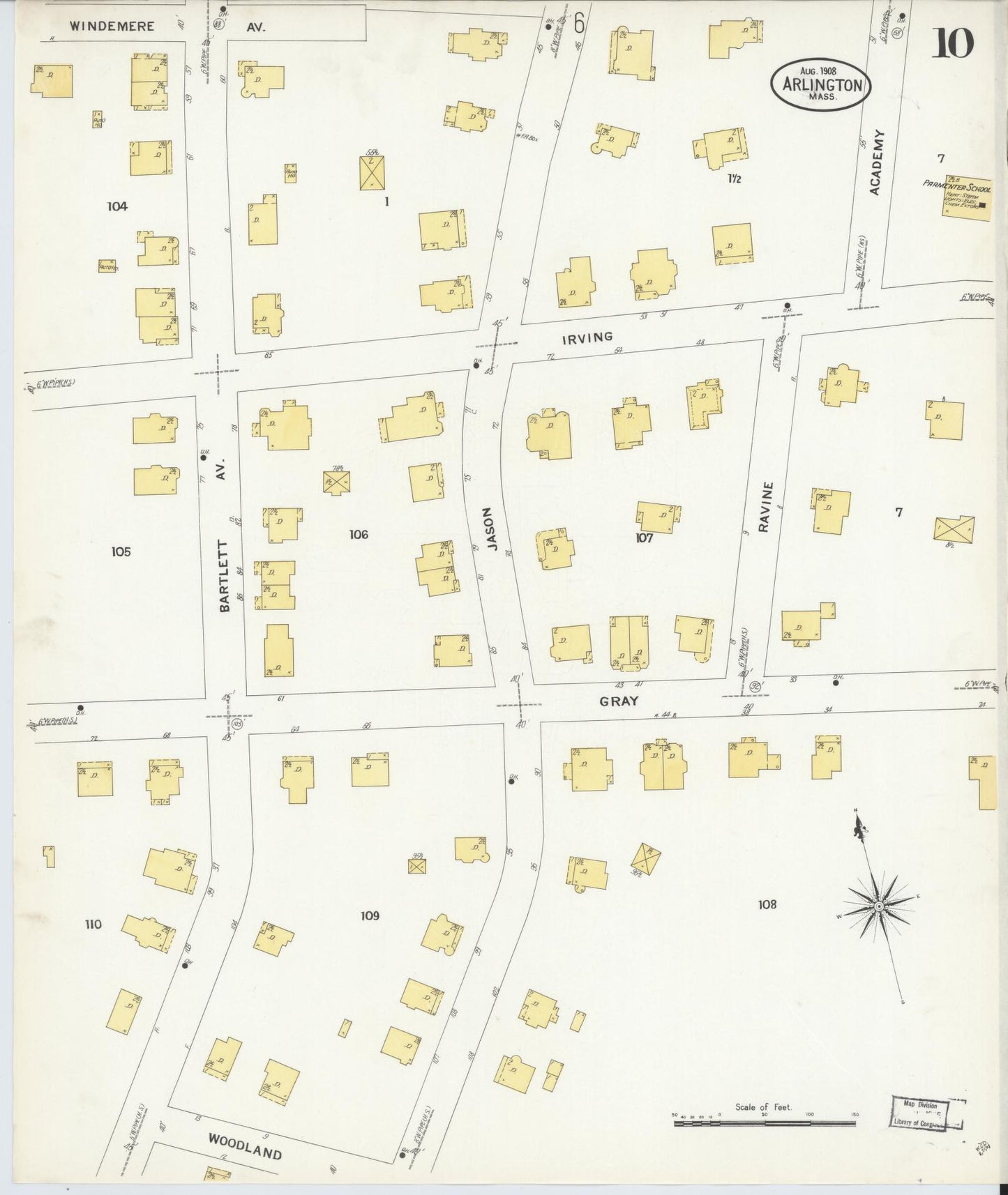 Sanborn Fire Insurance Map from Arlington, Middlesex County, Massachusetts (1908), Sheet #0010 - Complete Map Set gallery image, historic Sanborn map, vintage wall art, Massachusetts Massachusetts