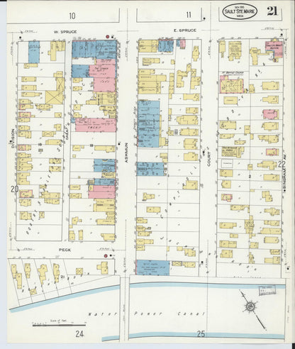 Sanborn Fire Insurance Map from Sault Sainte Marie, Chippewa County, Michigan (1915), Sheet #0021 - Complete Map Set gallery image, historic Sanborn map, vintage wall art, Michigan Michigan