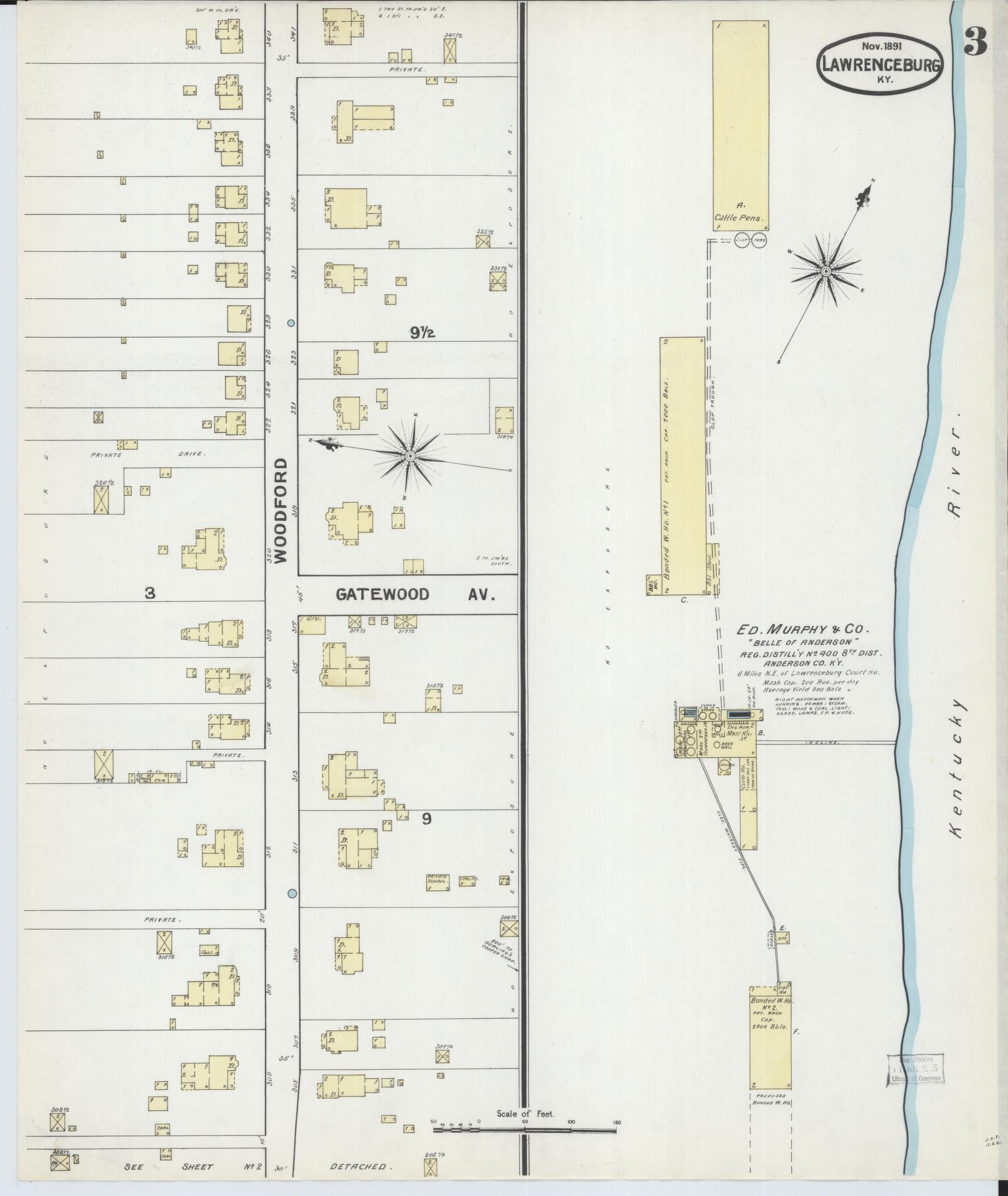 Sanborn Fire Insurance Map from Lawrenceburg, Anderson County, Kentucky (1891), Sheet #0003 - Historic Sanborn Fire Insurance Map Print, vintage old map wall art, antique decor, genealogy gift, Kentucky Kentucky map